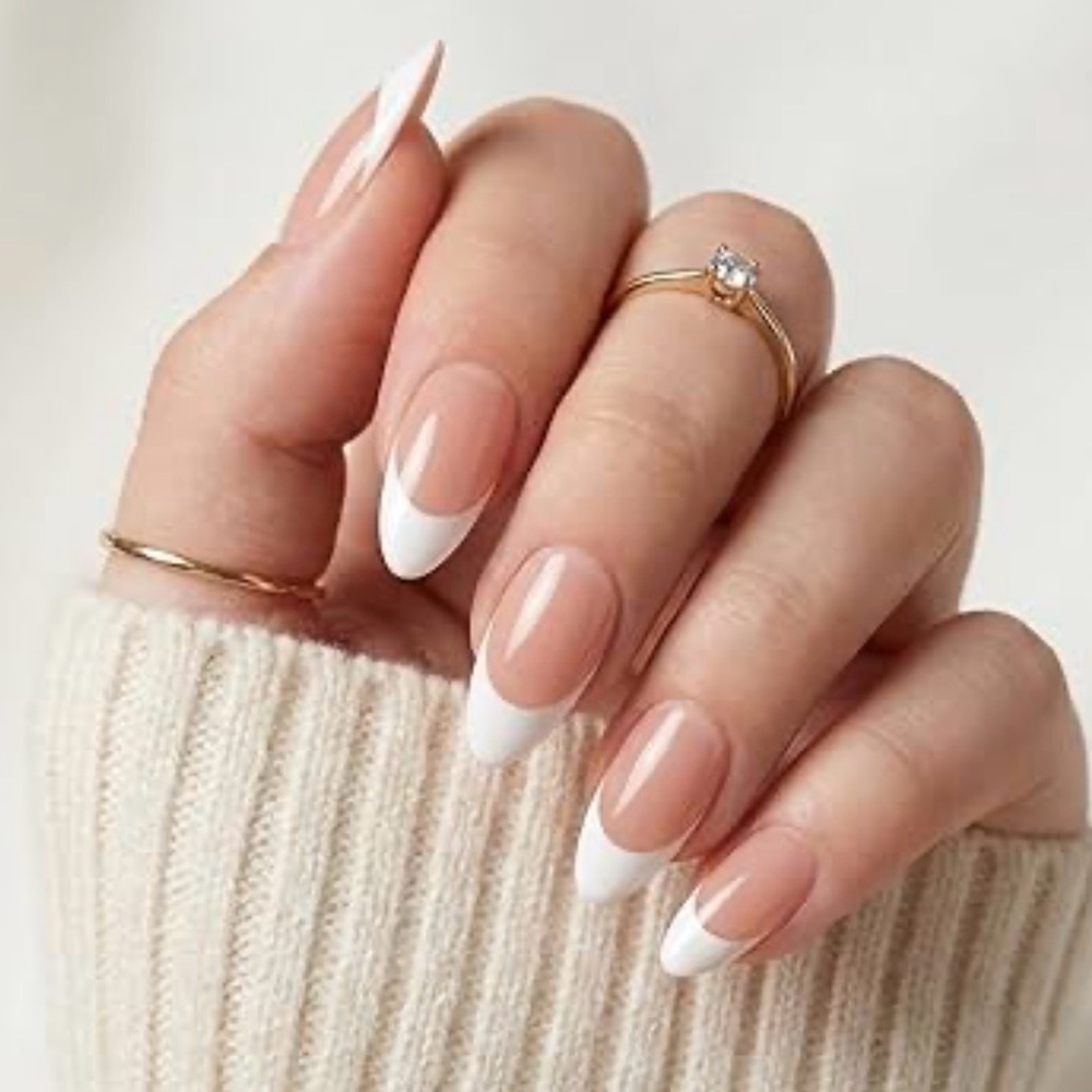 French Tip Press on Nails Medium Almond Soft Gel Glossy 30 pcs with Glue
